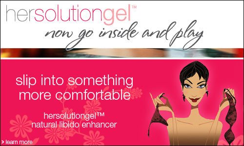 Advertisement for 'hersolutiongel' with a stylized illustration of a woman on a pink background.